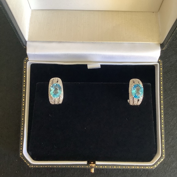 NEW 10KT white gold natural blue topaz and diamond earrings.